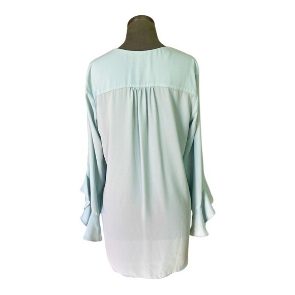 Karen Kane Women's Asymmetrical V-Neck Blouse M Fiji Teal Green Crepe NWT $98 - Picture 6 of 9
